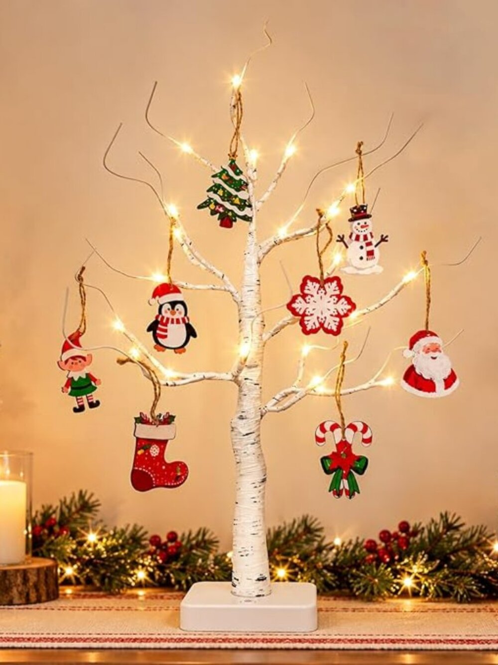 Lighted Birch Tree with Christmas Ornaments 22 Inch Battery Timer